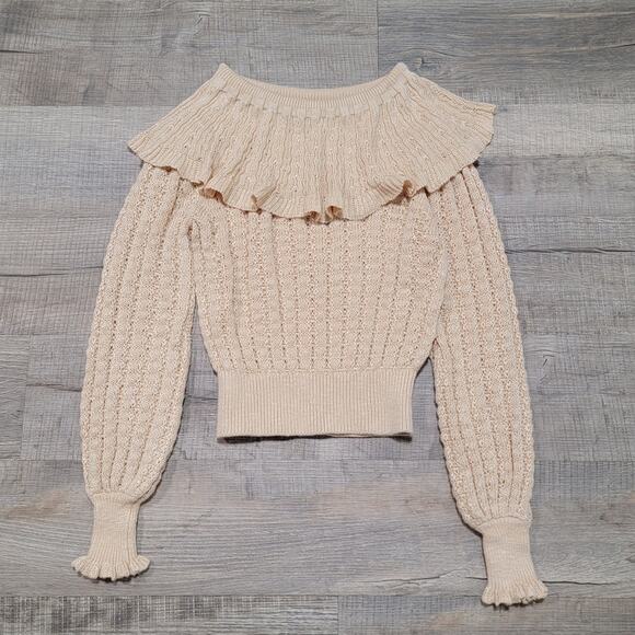 Free People Linen Cottage Frocked Crochet Knit Sweater XS Ruffle Feminine Boho - Picture 1 of 7